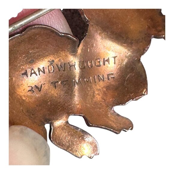 Vtg 1950s Temming Handwrought Copper Cat Brooch Pin MCM Anthropomorphic Signed - Picture 3 of 6